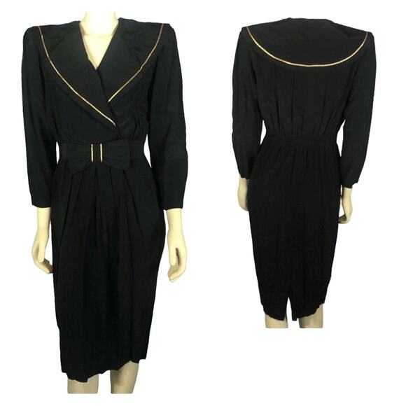 Vintage Jonathan Martin Silk black & gold dress with large round collar size 8 - Picture 1 of 12